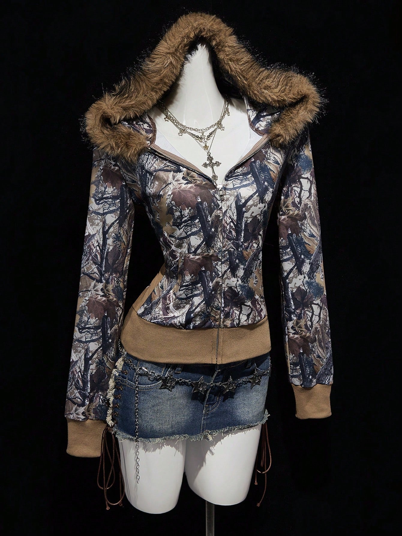 Y2K Branch Print Fur Collar Zip Hoodie