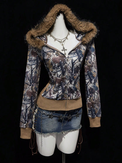 Y2K Branch Print Fur Collar Zip Hoodie