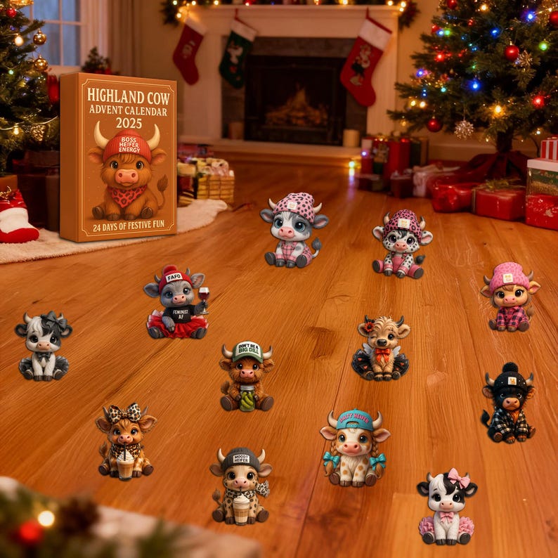 Highland Cow Advent Calendar 2025 Cute Mini Cow Figurines 24 Day Christmas Countdown Gift Holiday Decor For Kids  Cow Lover Unique Gift