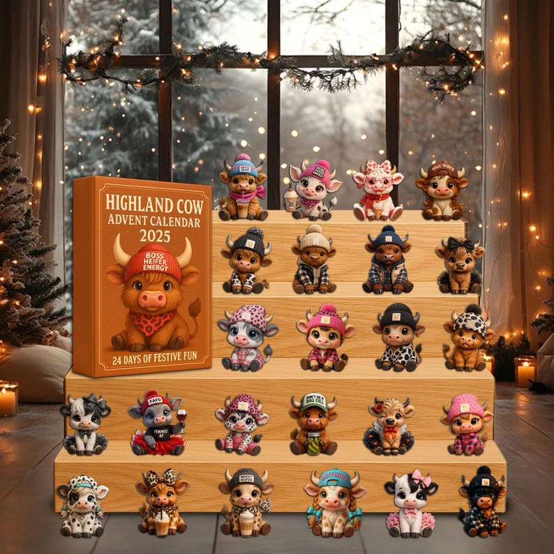Highland Cow Advent Calendar 2025 Cute Mini Cow Figurines 24 Day Christmas Countdown Gift Holiday Decor For Kids  Cow Lover Unique Gift