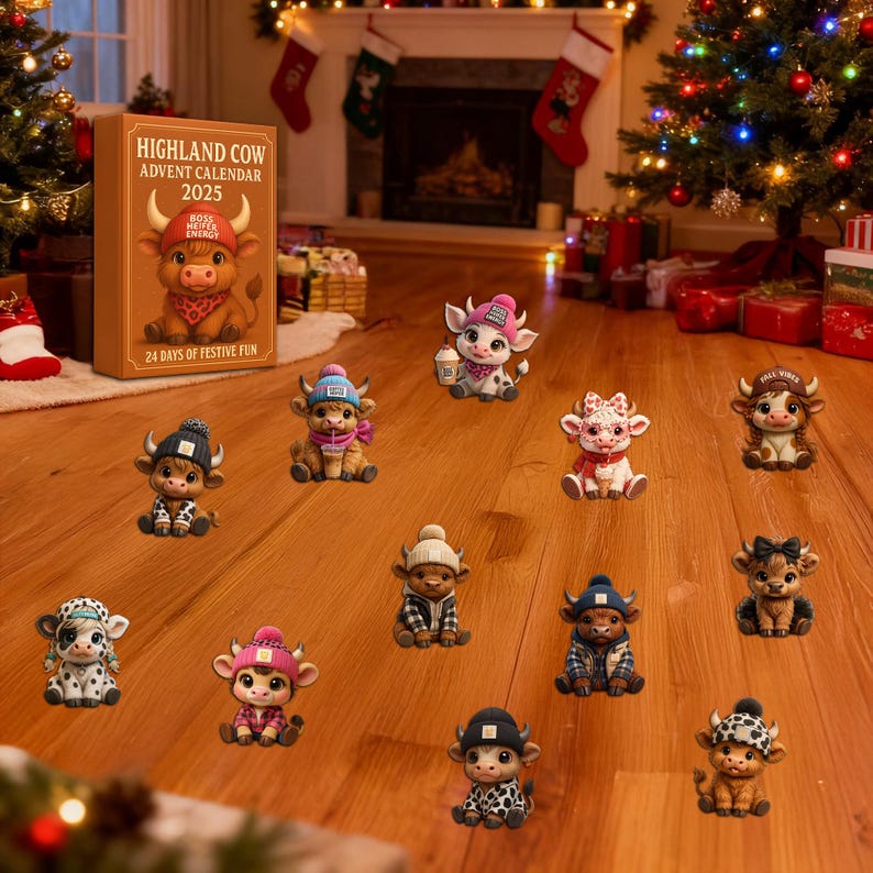 Highland Cow Advent Calendar 2025 Cute Mini Cow Figurines 24 Day Christmas Countdown Gift Holiday Decor For Kids  Cow Lover Unique Gift
