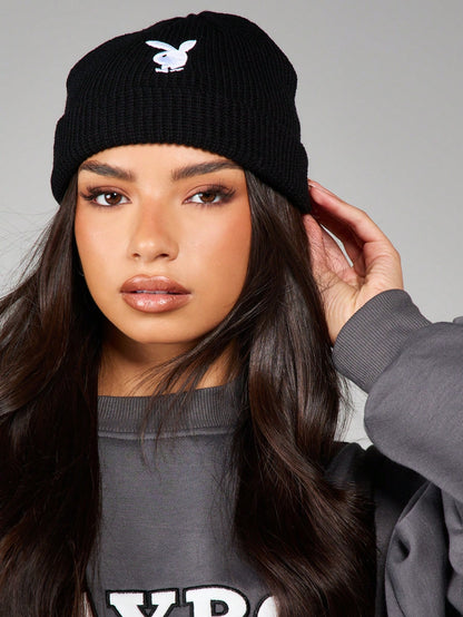 Playboy Ribbed Knit Logo Embroidery Cuffed Beanie