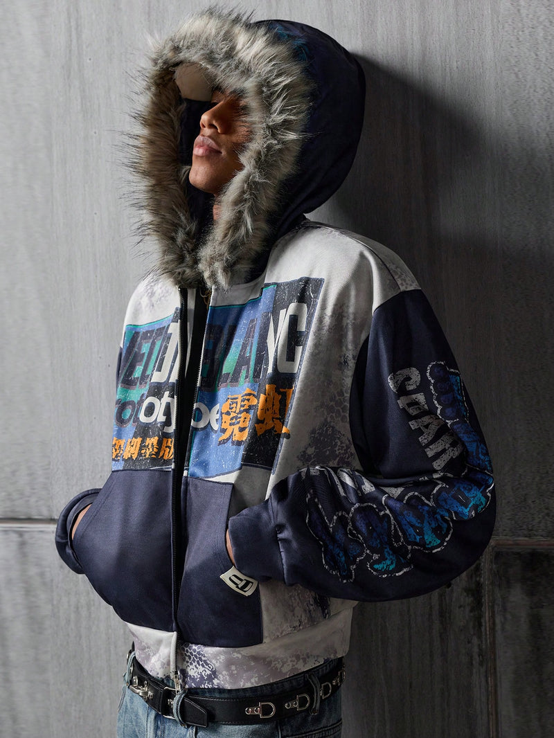 Chinese Print Plush Hooded Cropped Cardigan
