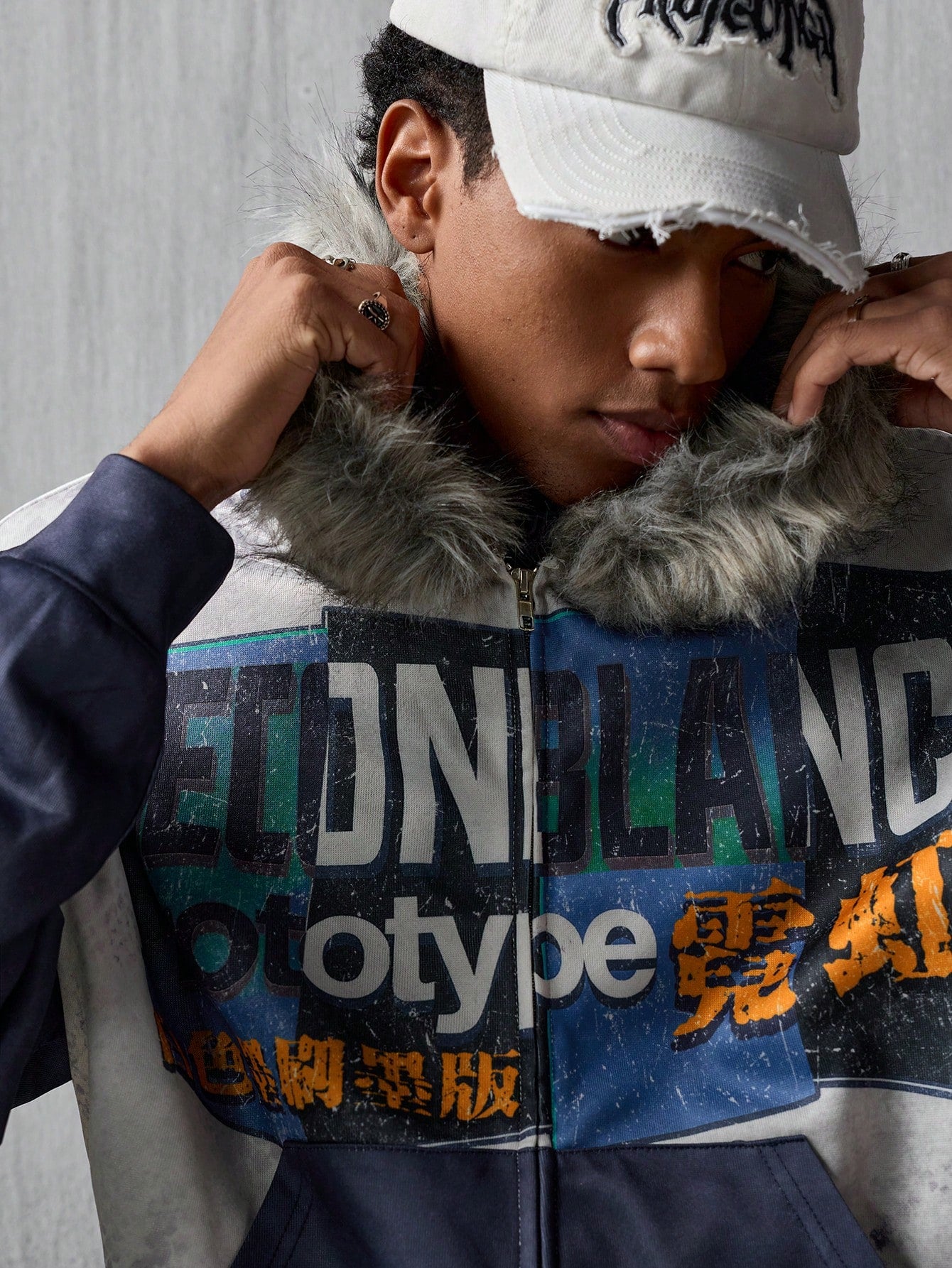 Chinese Print Plush Hooded Cropped Cardigan