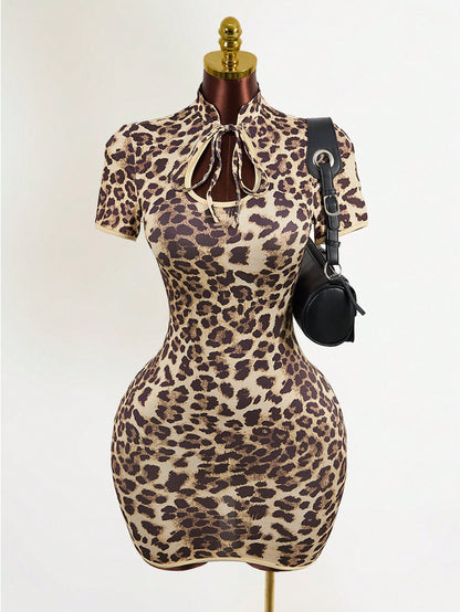 Leopard Print Qipao Bodycon Dress Sexy Hollow