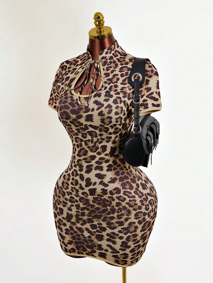 Leopard Print Qipao Bodycon Dress Sexy Hollow