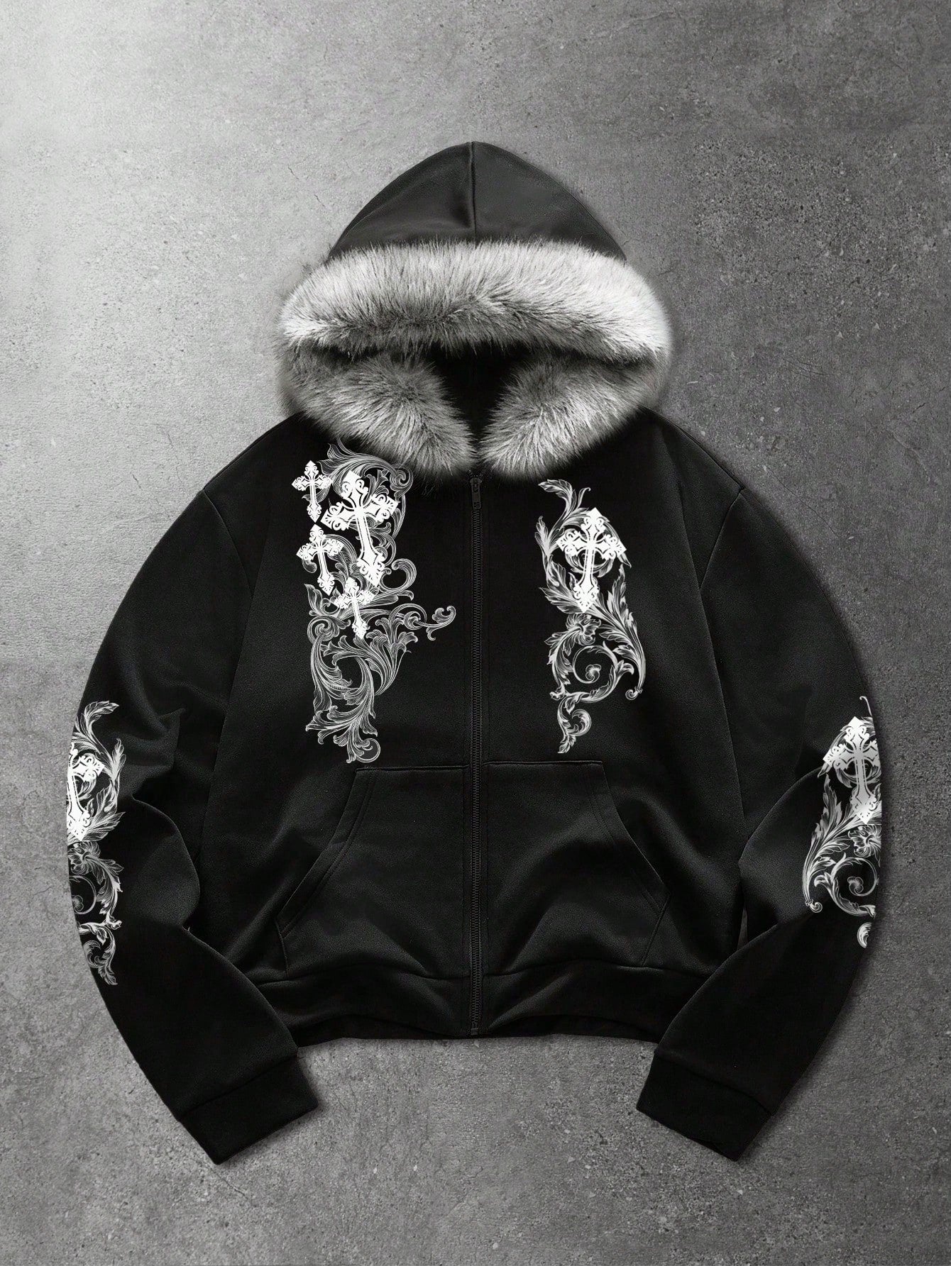 Men's Street Cross Print Zip Up Hoodie with Fur Collar