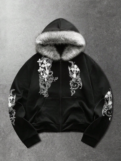 Men's Street Cross Print Zip Up Hoodie with Fur Collar
