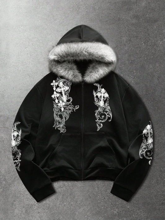 Men's Street Cross Print Zip Up Hoodie with Fur Collar