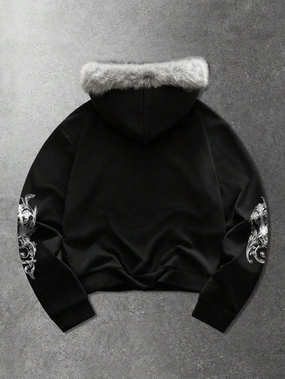 Men's Street Cross Print Zip Up Hoodie with Fur Collar