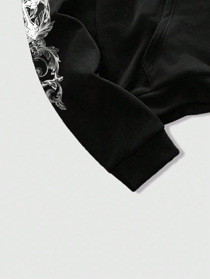 Men's Street Cross Print Zip Up Hoodie with Fur Collar