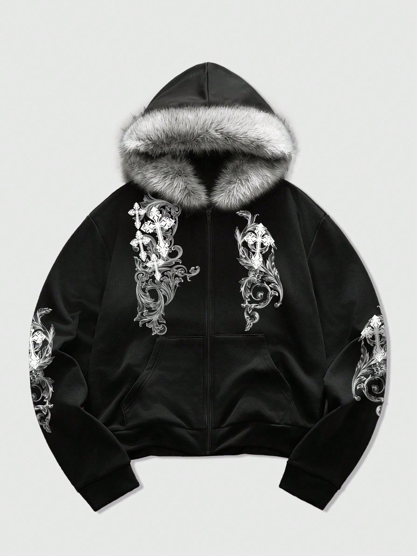 Men's Street Cross Print Zip Up Hoodie with Fur Collar