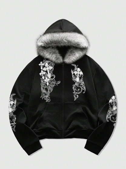 Men's Street Cross Print Zip Up Hoodie with Fur Collar