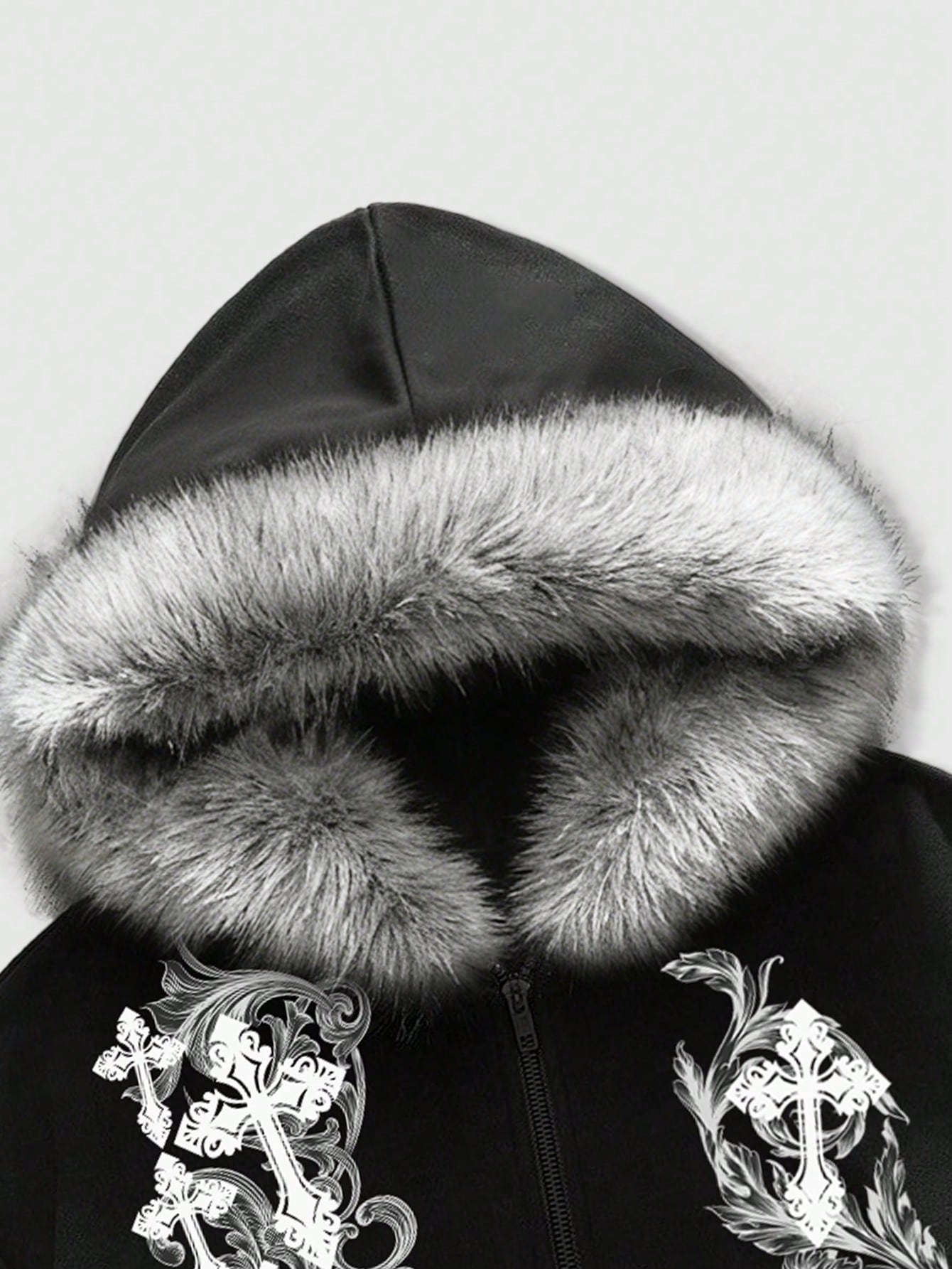 Men's Street Cross Print Zip Up Hoodie with Fur Collar