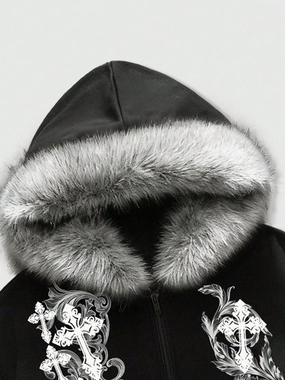 Men's Street Cross Print Zip Up Hoodie with Fur Collar