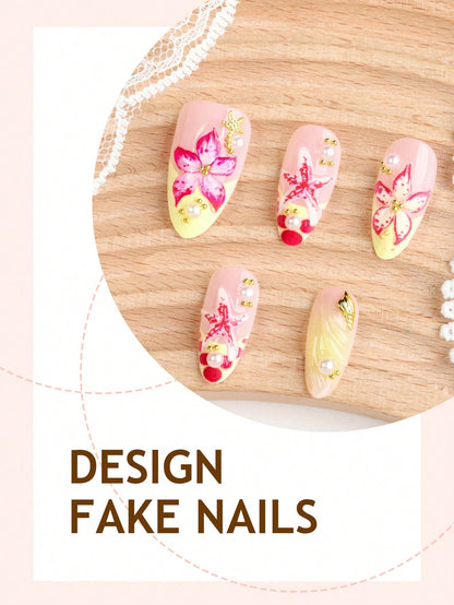 Ocean Style Gradient Floral French Press-On Nails