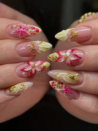 Ocean Style Gradient Floral French Press-On Nails