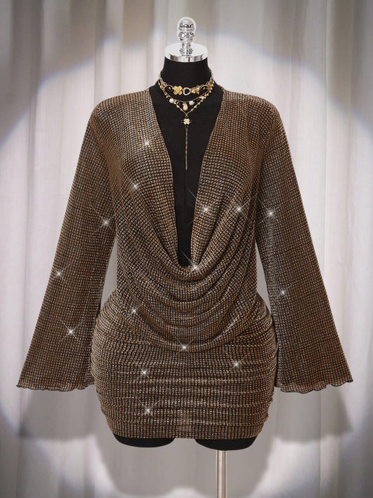 Plus Size V-Neck Bell Sleeve Metallic Mini Dress