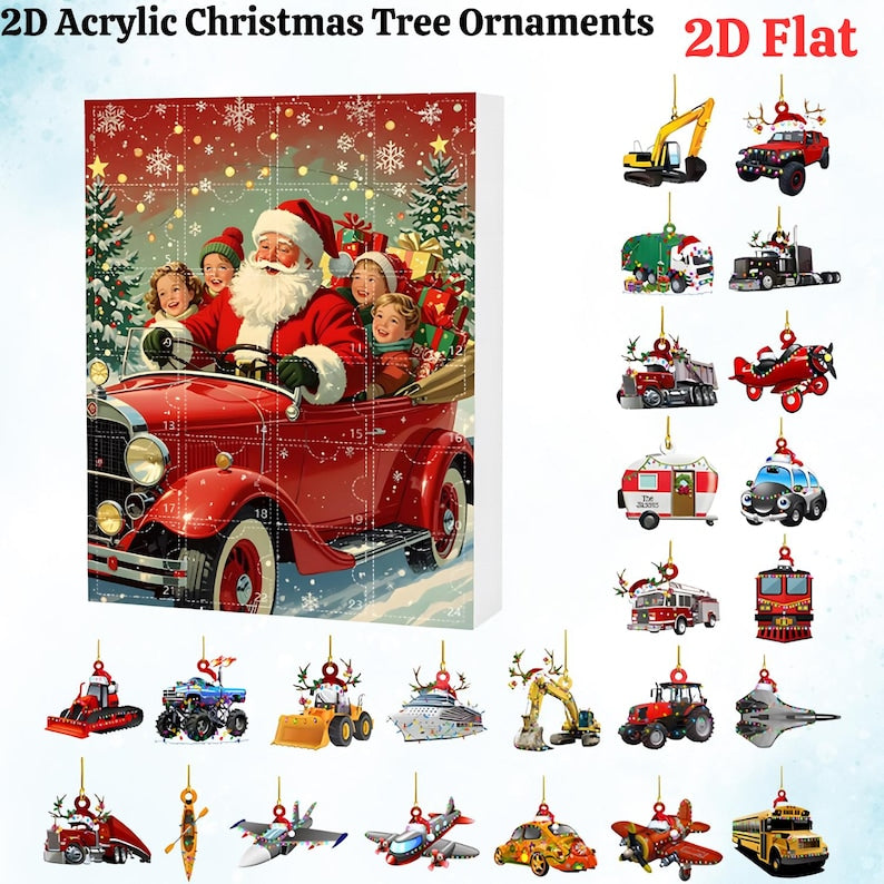 Advent Calendar 2025 24 Days 2d Acrylic Transportation Ornaments Monster Truck Airplane Ship Figures Festive Xmas Tree Hanging Decor Gift