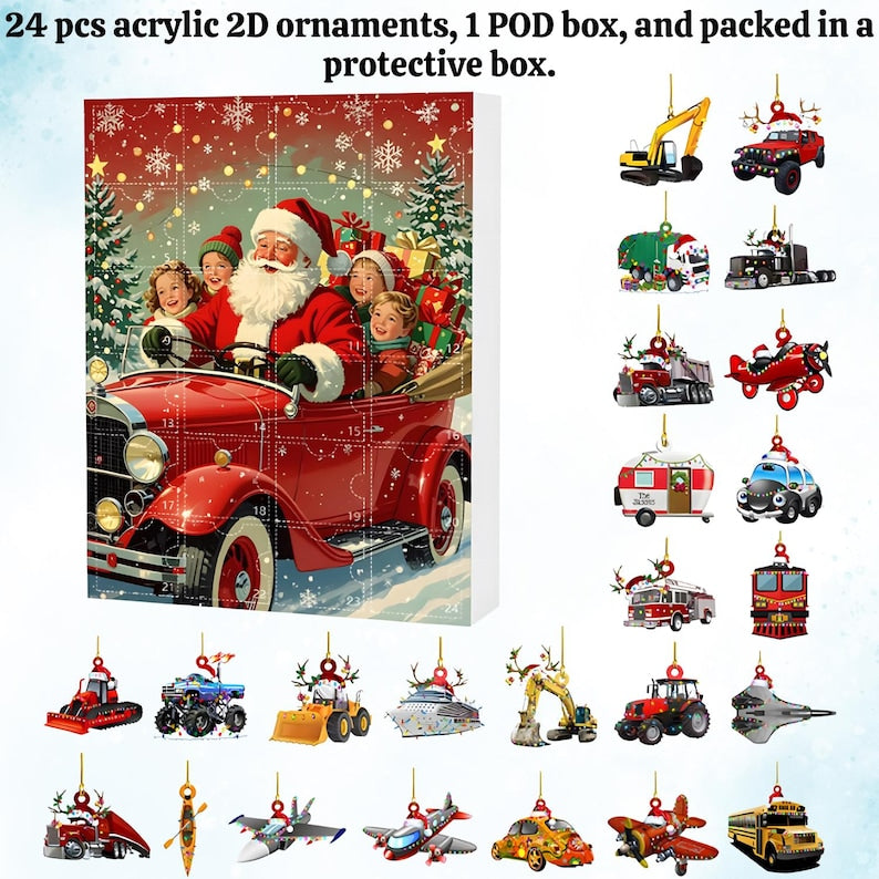 Advent Calendar 2025 24 Days 2d Acrylic Transportation Ornaments Monster Truck Airplane Ship Figures Festive Xmas Tree Hanging Decor Gift
