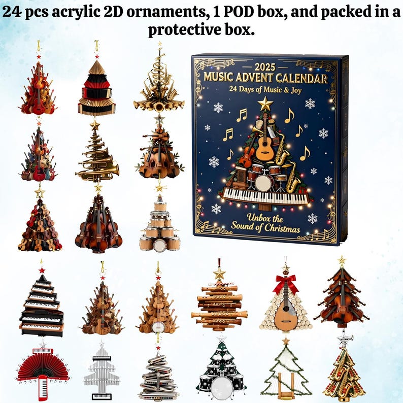 Advent Calendar 2025 For Music Lovers 24 Days Mini Musical Ornaments 2d Instrument Figures For Musicians Christmas Countdown Decor Gift
