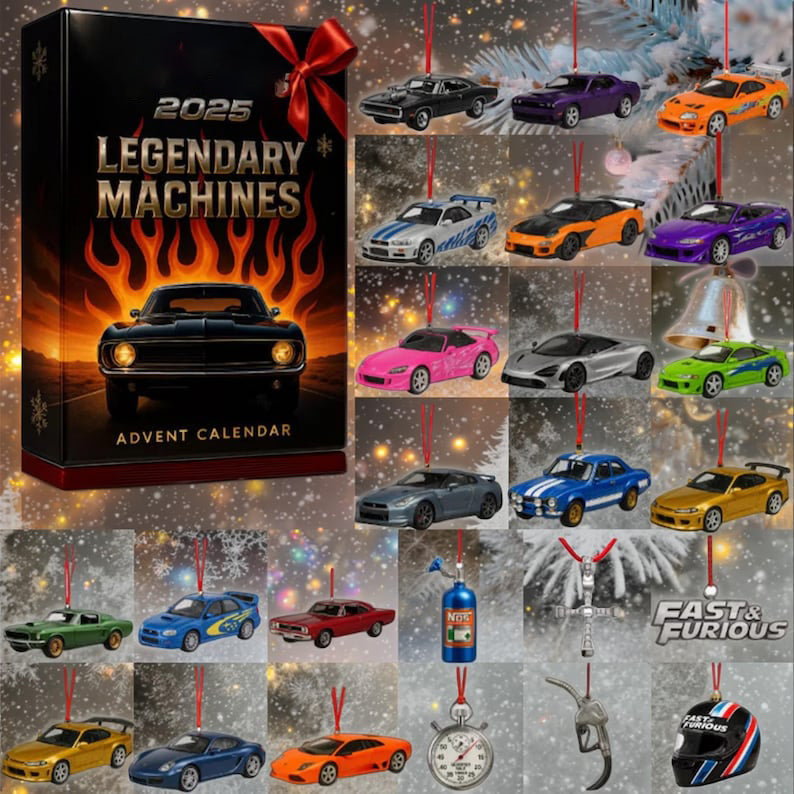 Legendary Machines Advent Calendar 2025 Christmas Ornaments Set For Family Legendary Machines Diecast Cars For Boys Gift For Car Lover
