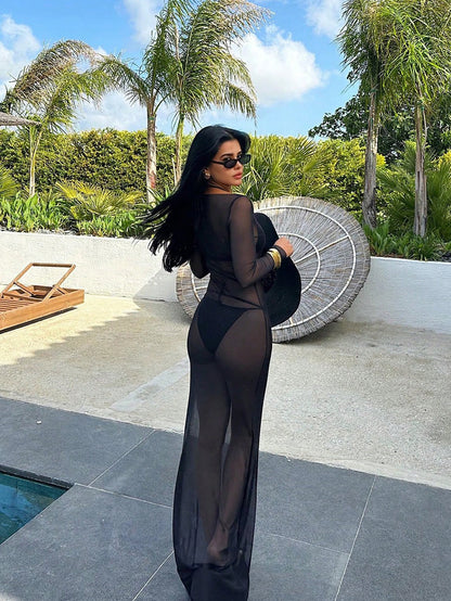 Sexy Mesh Sheer Off Shoulder Long Sleeve Bodycon Dress