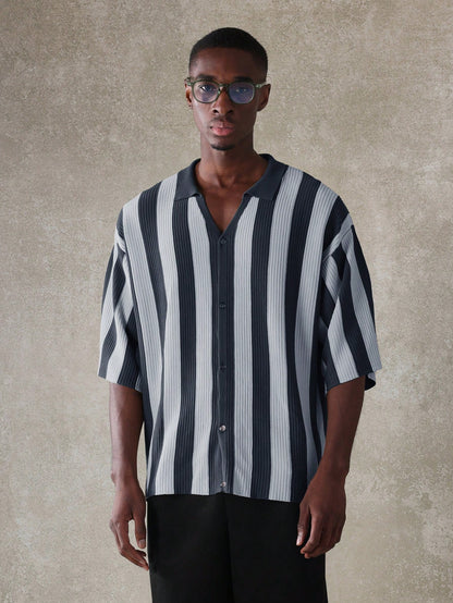 Relaxed Vertical Stripe Knitted Polo Shirt