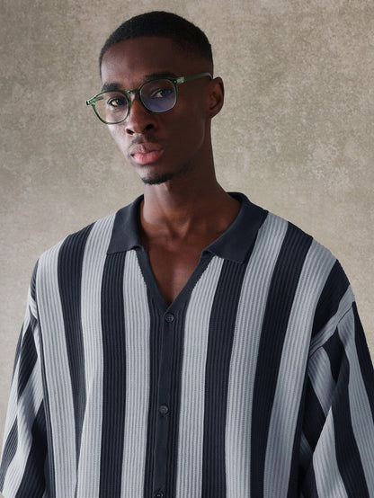 Relaxed Vertical Stripe Knitted Polo Shirt