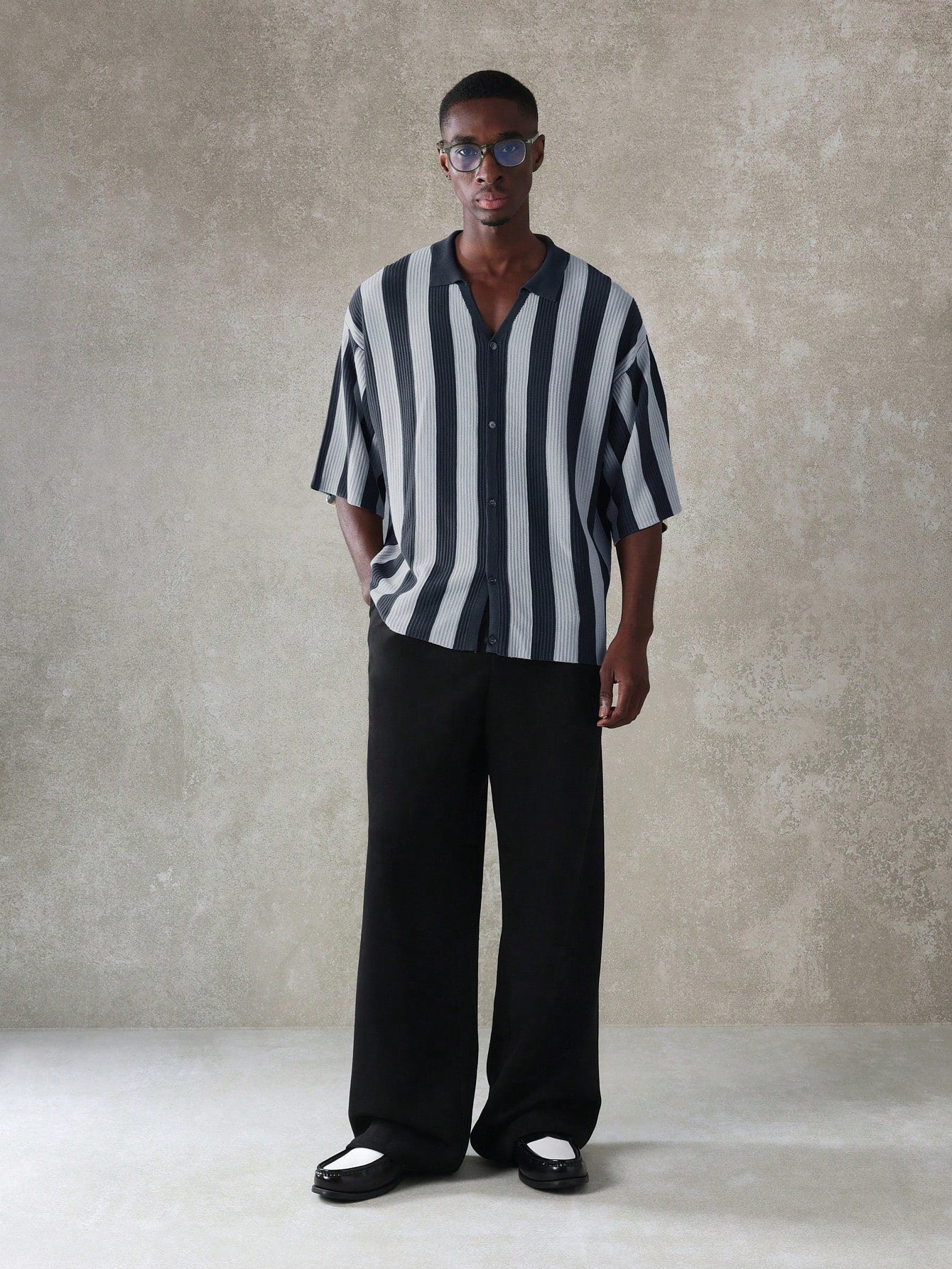 Relaxed Vertical Stripe Knitted Polo Shirt