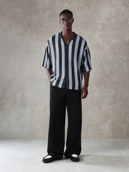 Relaxed Vertical Stripe Knitted Polo Shirt