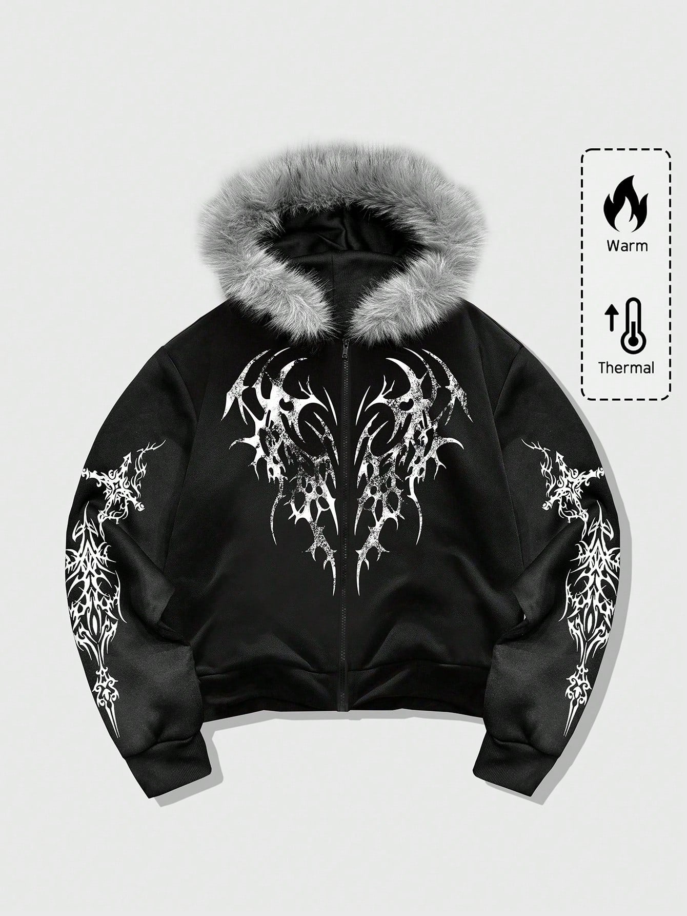 Men's Goth Loose Fit Zip Up Hoodie with Fur Collar