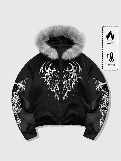 Men's Goth Loose Fit Zip Up Hoodie with Fur Collar