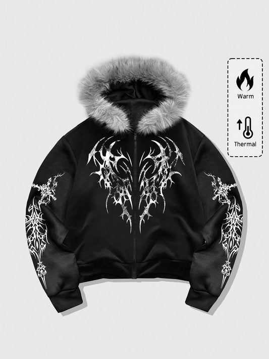 Men's Goth Loose Fit Zip Up Hoodie with Fur Collar