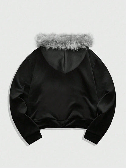 Men's Goth Loose Fit Zip Up Hoodie with Fur Collar