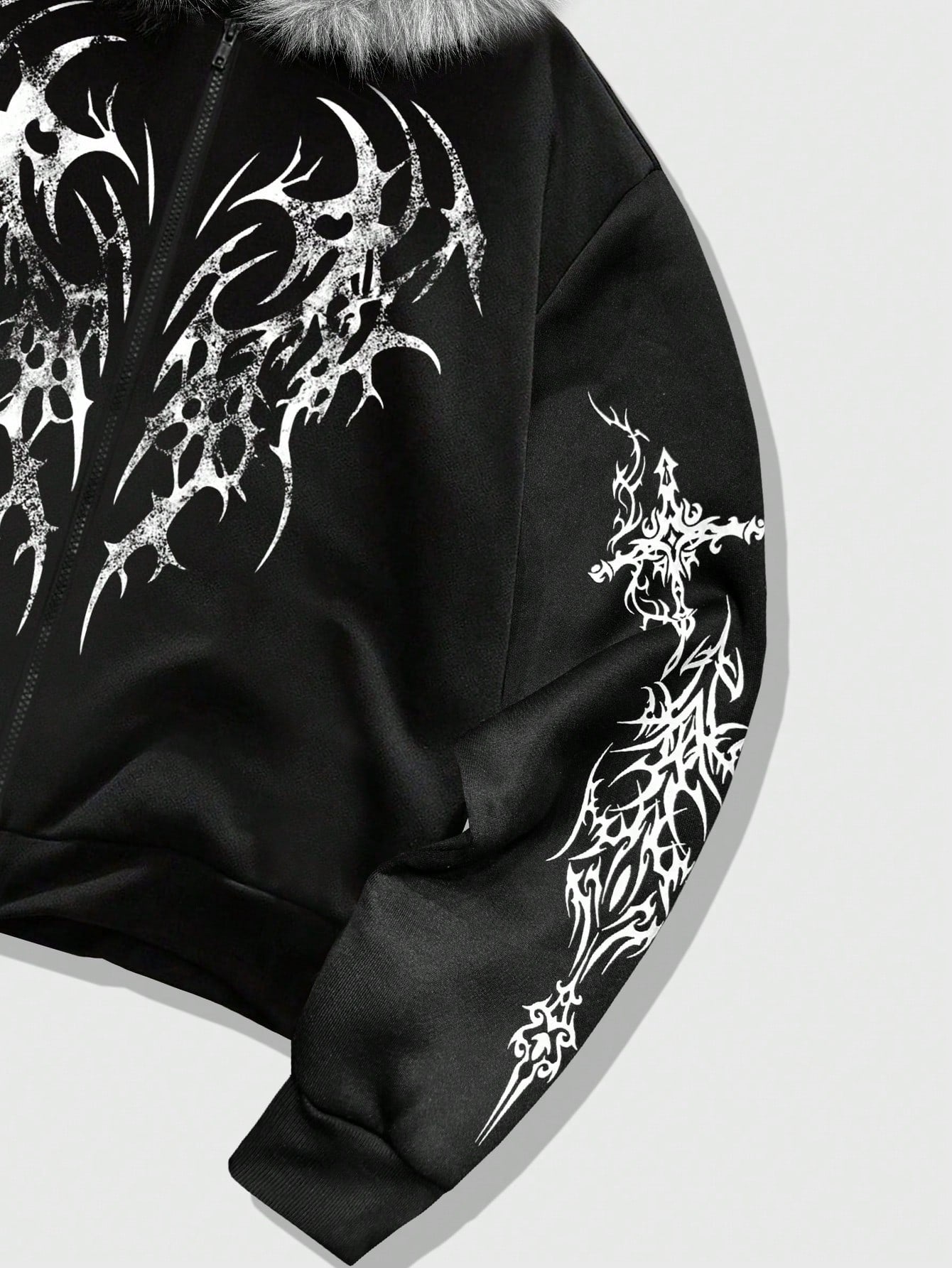 Men's Goth Loose Fit Zip Up Hoodie with Fur Collar