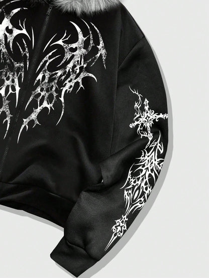 Men's Goth Loose Fit Zip Up Hoodie with Fur Collar