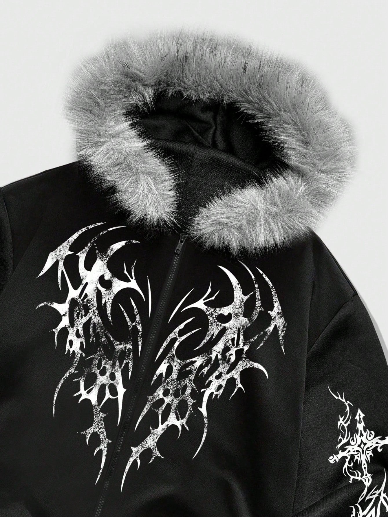 Men's Goth Loose Fit Zip Up Hoodie with Fur Collar