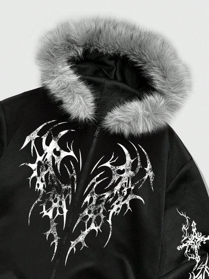 Men's Goth Loose Fit Zip Up Hoodie with Fur Collar