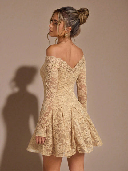 Elegant Off-Shoulder Lace Flare Mini Dress for Women