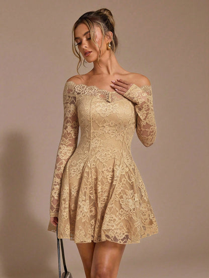 Elegant Off-Shoulder Lace Flare Mini Dress for Women