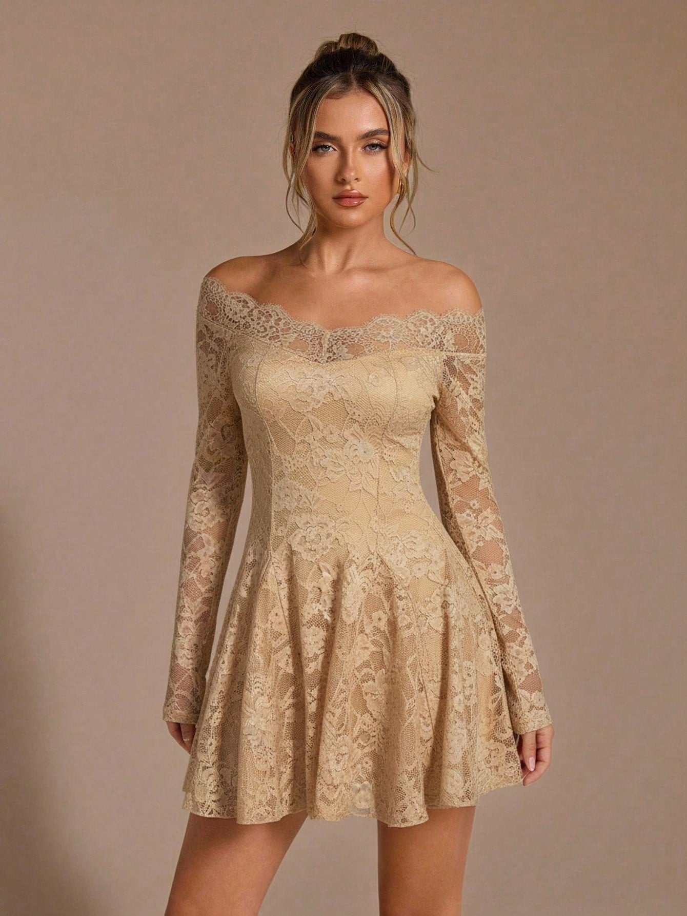 Elegant Off-Shoulder Lace Flare Mini Dress for Women