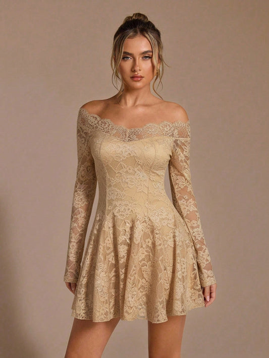 Elegant Off-Shoulder Lace Flare Mini Dress for Women
