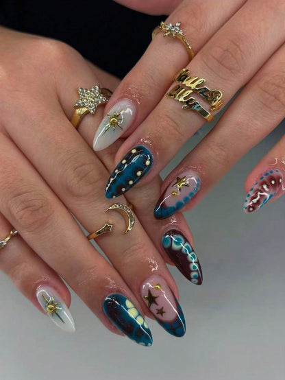 Blue Y2K Starry Sky Crocodile Press-On Nails