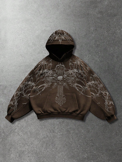 Men's Skull Cross Print Goth Y2K Long Sleeve Hoodie