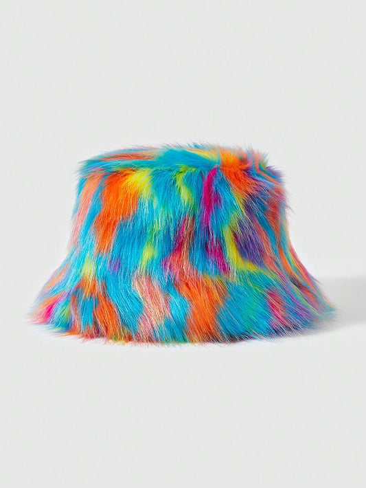 Women’s Color Block Fluffy Winter Bucket Hat