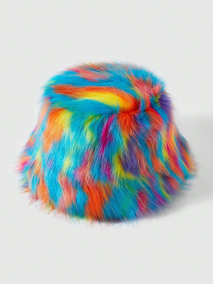 Women’s Color Block Fluffy Winter Bucket Hat