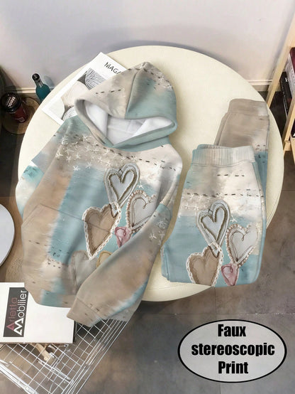 Women's Heart Print Vintage Embossed 2-Piece Hoodie