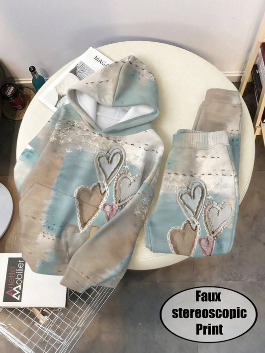 Women's Heart Print Vintage Embossed 2-Piece Hoodie