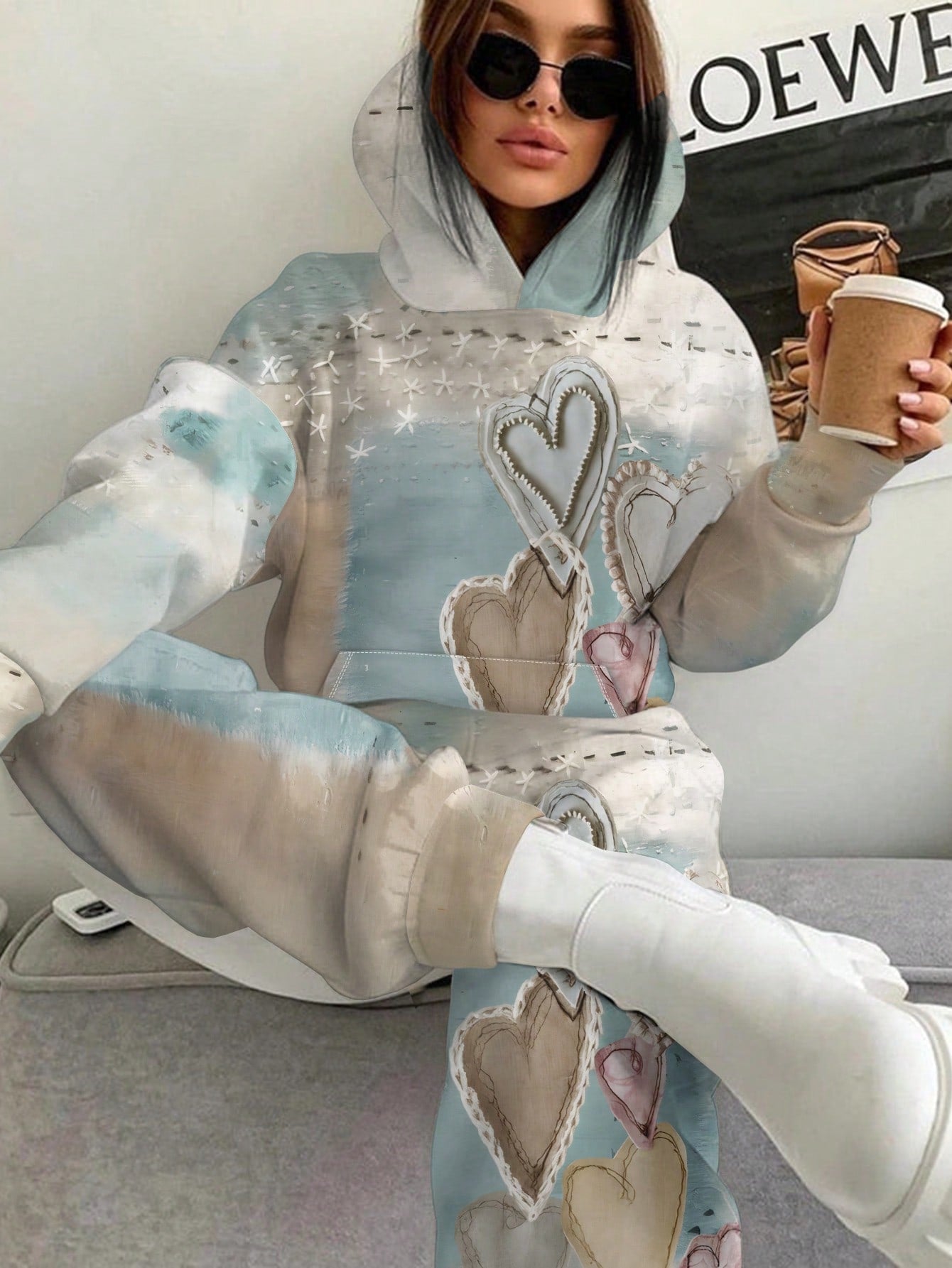 Women's Heart Print Vintage Embossed 2-Piece Hoodie